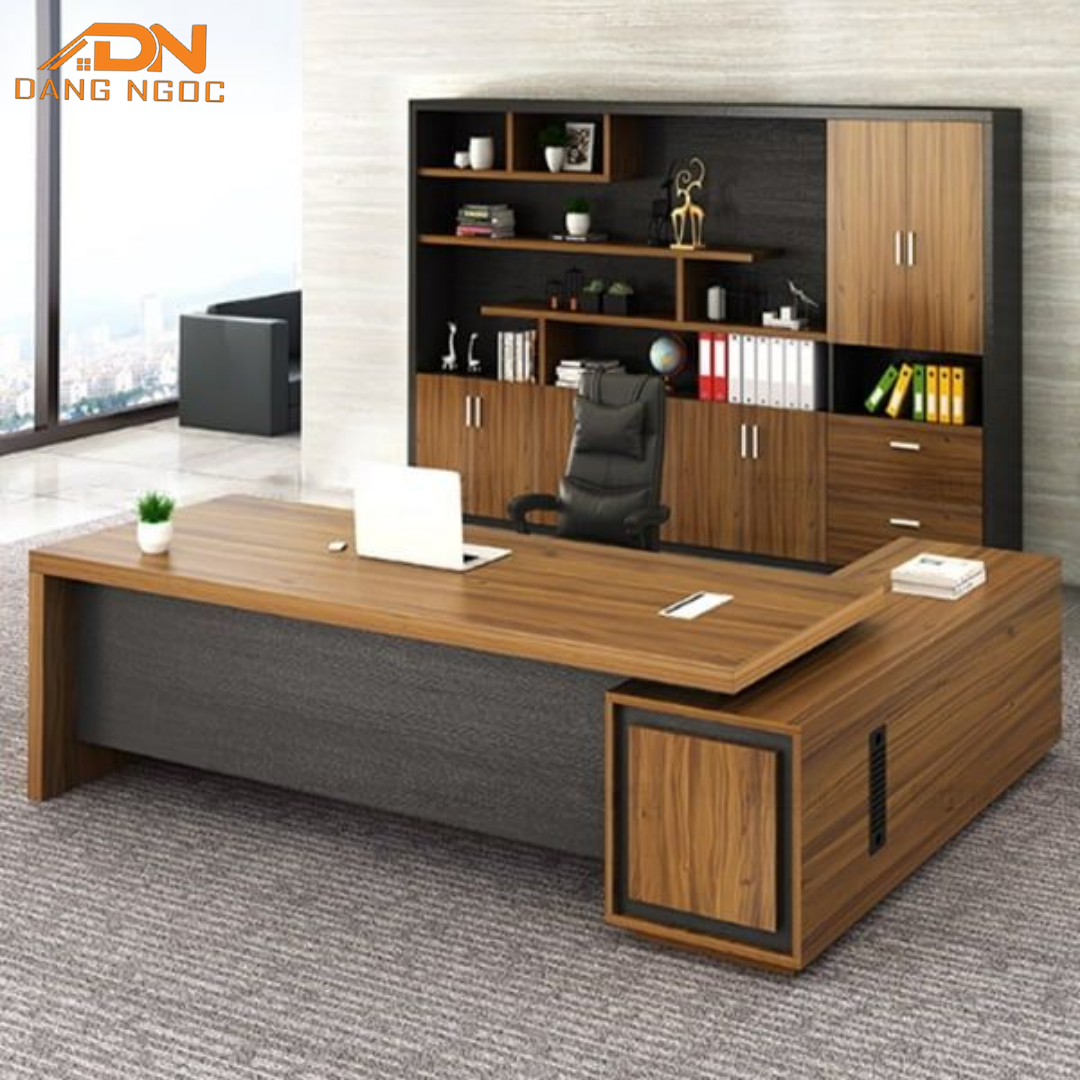 Bàn Giám Đốc Chữ L Gỗ MDF Phối Xám Đậm Thiết Kế Khối Vững Chãi