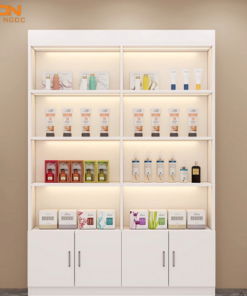 Hệ Tủ Trưng Bày Mỹ Phẩm Hiện Đại Màu Trắng Tích Hợp Đèn LED Từng Tầng