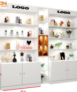 Hệ Tủ Trưng Bày Showroom Hiện Đại Tích Hợp Bảng Logo & Hộc Gỗ Decor