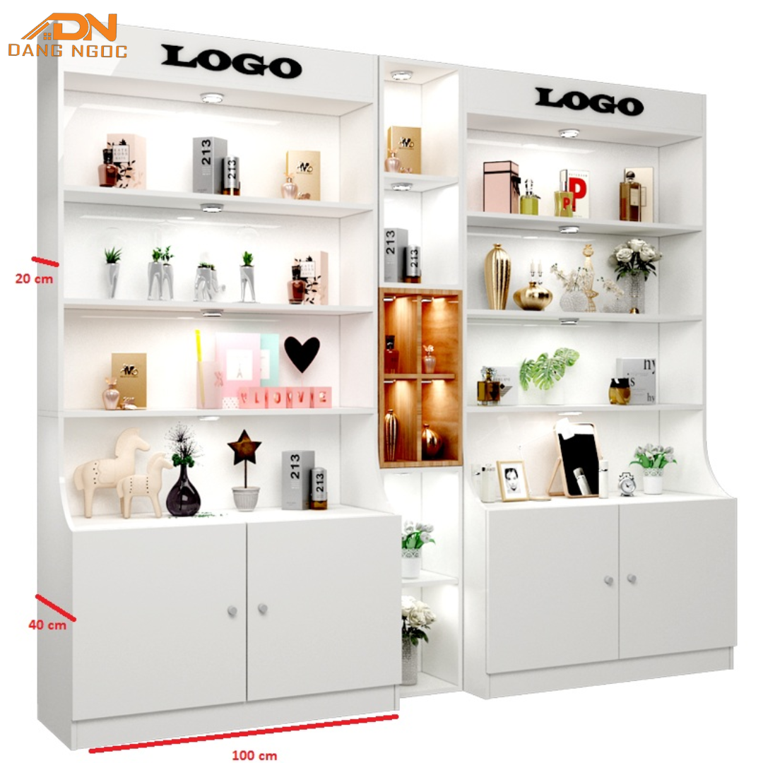 Hệ Tủ Trưng Bày Showroom Hiện Đại Tích Hợp Bảng Logo & Hộc Gỗ Decor