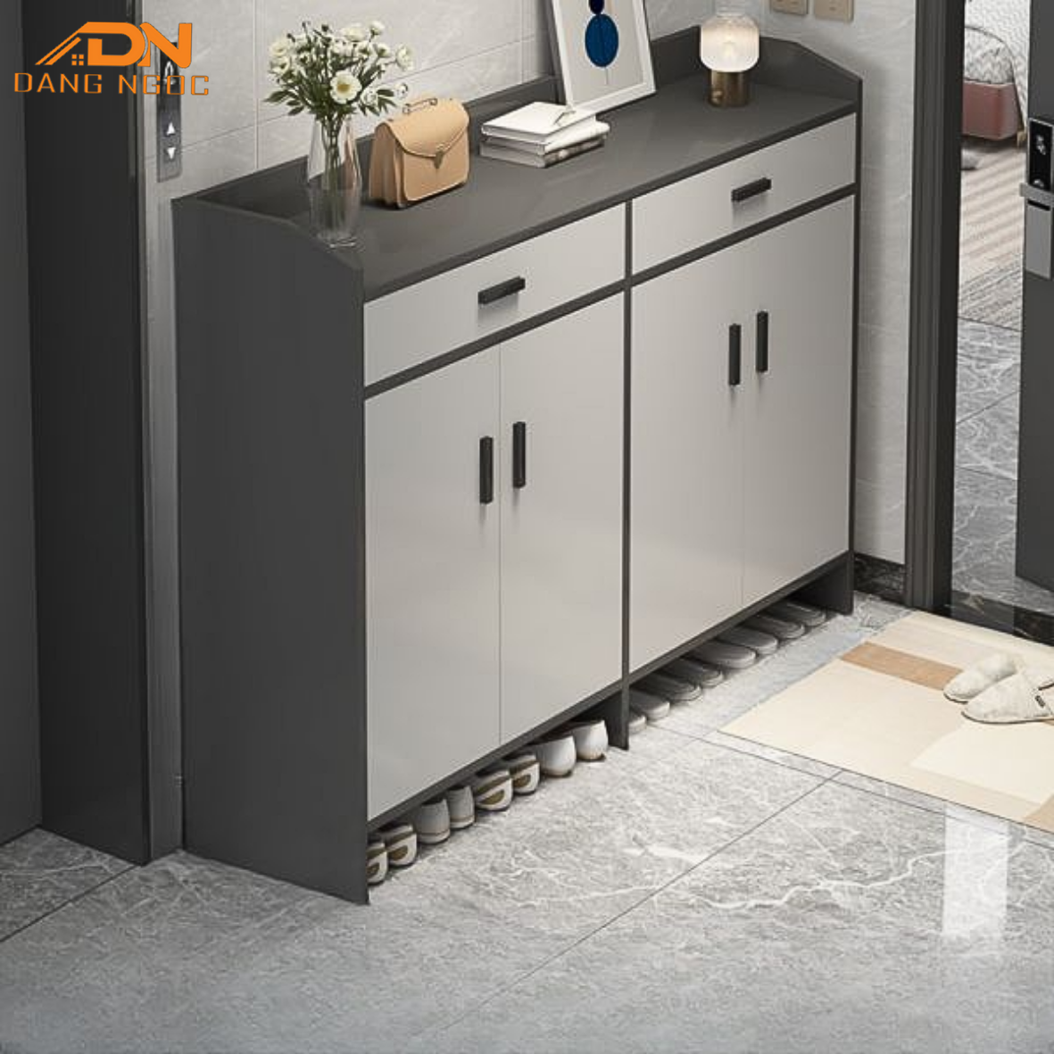 Tủ Giày 4 Cánh 2 Ngăn Kéo Ghi Trắng - Nội Thất Đặng Ngọc - Ảnh 3